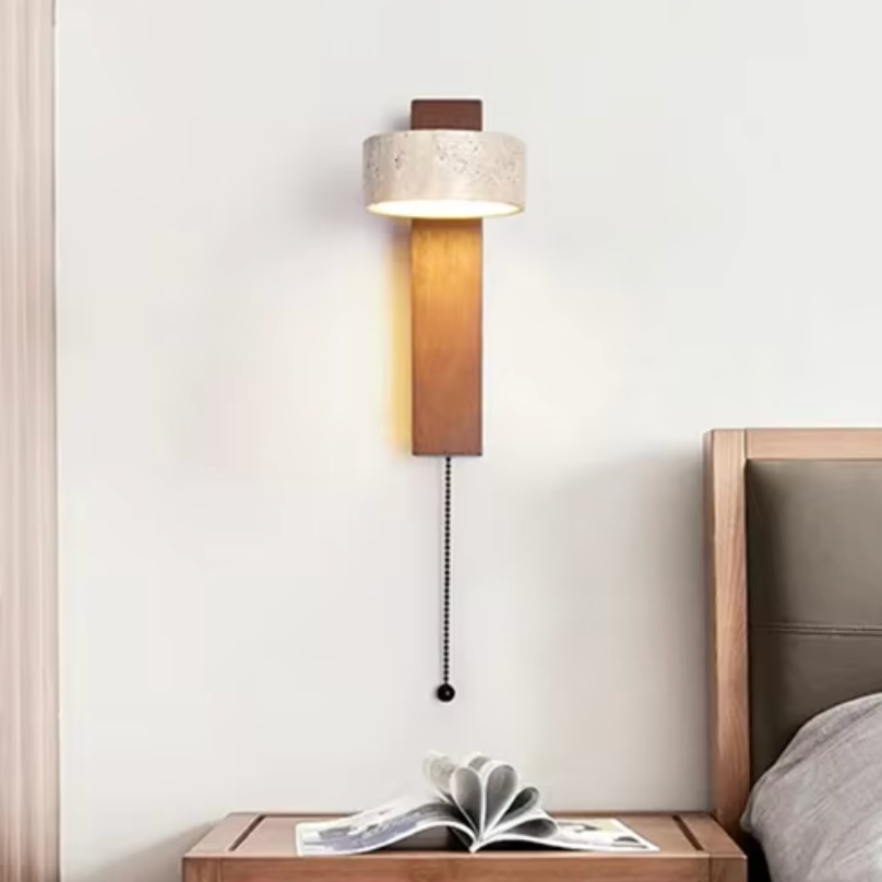Lampe Murale Wabi-Sabi Bois & Travertin – Éclairage LED pour Chambre & Salle de Bain