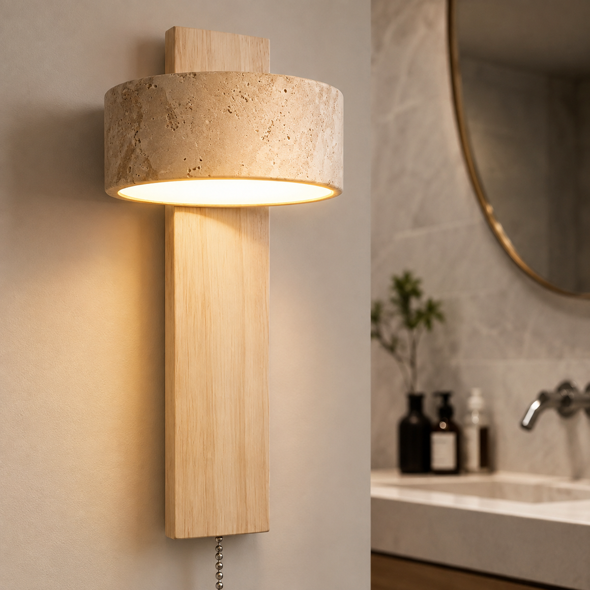 Lampe Murale Wabi-Sabi Bois & Travertin – Éclairage LED pour Chambre & Salle de Bain